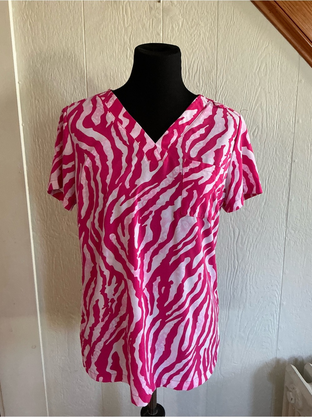 Pink Zebra-Print V-Neck Women's Top